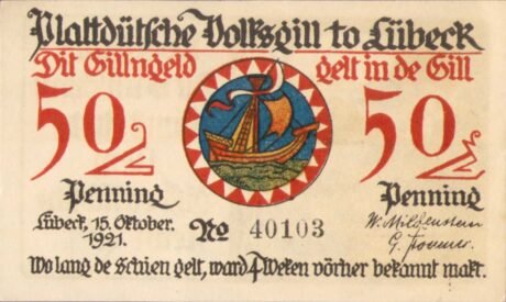 Аверс банкноты 50 fenigów Plattdeutsche Volksgilde (Niemcy) 1921