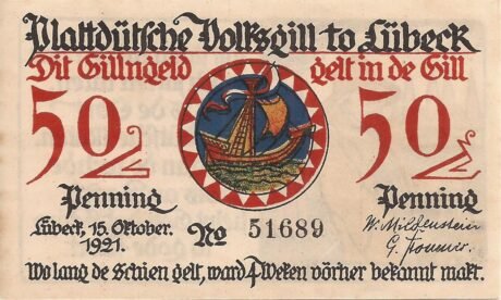 Аверс банкноты 50 fenigów Plattdeutsche Volksgilde (Niemcy) 1921