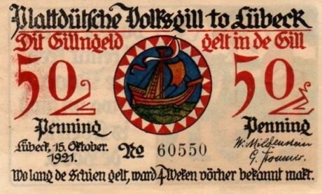 Аверс банкноты 50 fenigów Plattdeutsche Volksgilde (Niemcy) 1921