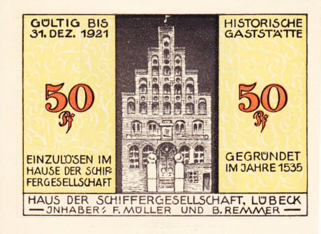 Аверс банкноты 50 fenigów Haus der Schiffergesellschaft (Niemcy) 1921