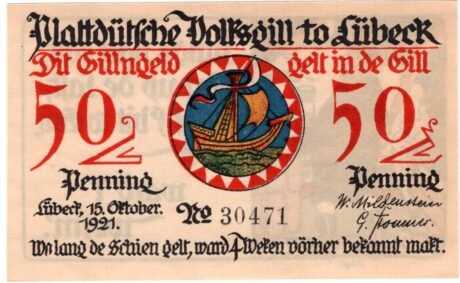 Аверс банкноты 50 fenigów Plattdeutsche Volksgilde (Niemcy) 1921