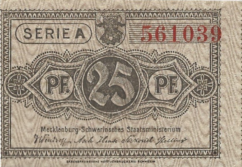 Аверс банкноты 25 пфеннигов Mecklenburg-Schwerinsches Staatsministerium (Германия) 1922 года