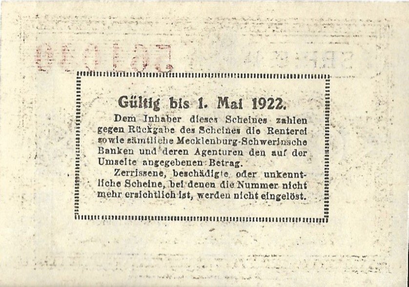 Реверс банкноты 25 пфеннигов Mecklenburg-Schwerinsches Staatsministerium (Германия) 1922 года