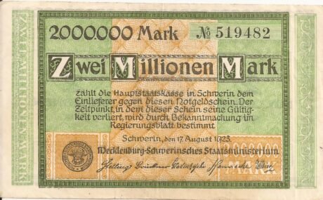 Аверс банкноты 2000000 марок Mecklenburg-Schwerinsches Staatsministerium (Германия) 1923 года