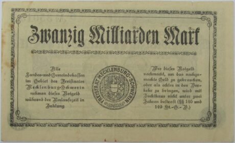 Реверс банкноты 20000000000 марок Mecklenburg-Schwerinsches Staatsministerium (Германия) 1923 года