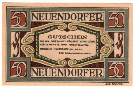 Аверс банкноты 50 fenigów Denkmalausschuss Neuendorf (Niemcy) 1921
