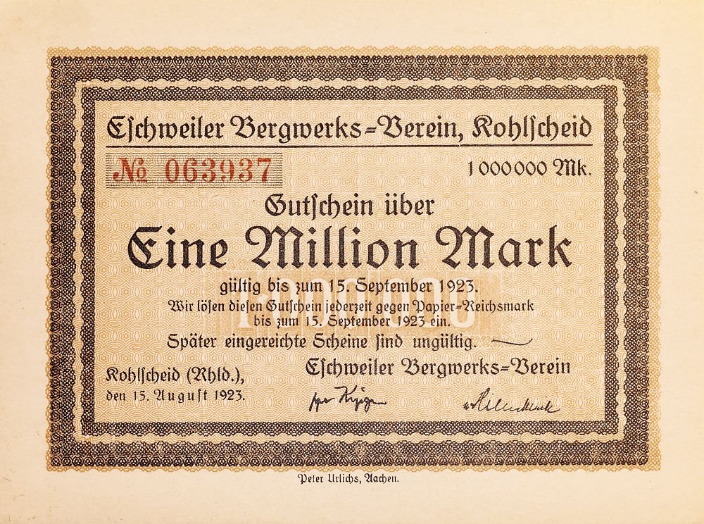 Аверс банкноты 1000000 марок Eschweiler Bergwerks-Verein (Германия) 1923 года