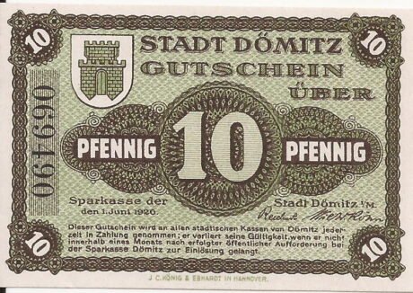 Аверс банкноты 10 fenigów Sparkasse (Niemcy) 1920