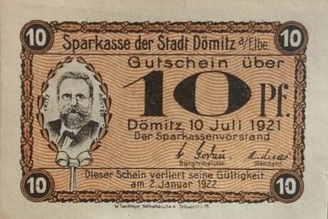 Аверс банкноты 10 fenigów Sparkasse (Niemcy) 1921