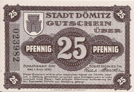 Аверс банкноты 25 fenigów Sparkasse (Niemcy) 1920