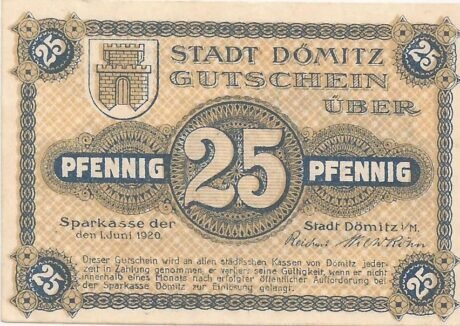 Аверс банкноты 25 пфеннигов Sparkasse (Германия) 1920 года