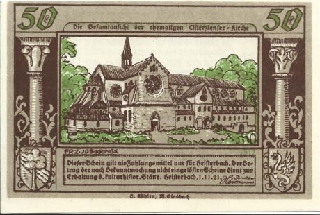 Аверс банкноты Moneta 50 fenigów Kloster Heisterbach (Niemcy) 1921