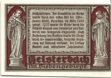 Реверс банкноты Moneta 50 fenigów Kloster Heisterbach (Niemcy) 1921