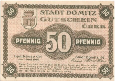 Аверс банкноты 50 fenigów Sparkasse (Niemcy) 1920