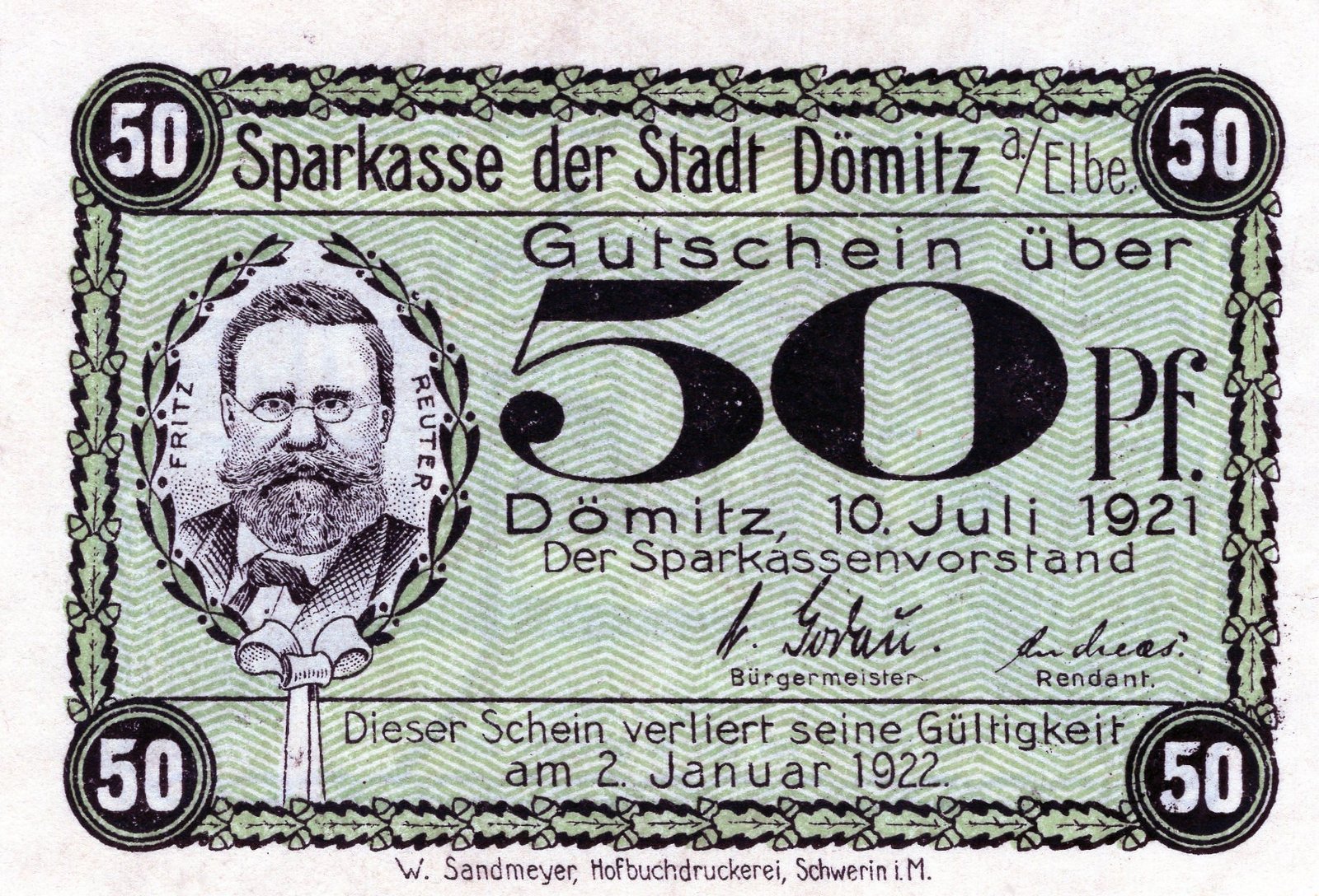 Аверс банкноты 50 пфеннигов Sparkasse (Германия) 1921 года