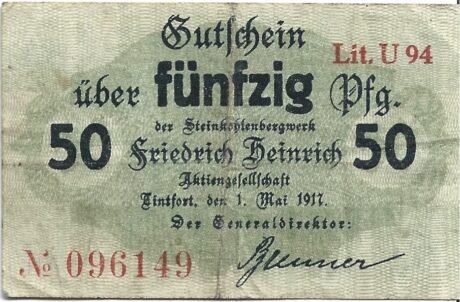 Аверс банкноты 50 fenigów Steinkohlenbergwerk Friedrich Heinrich (Niemcy) 1917