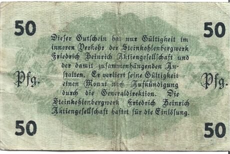 Реверс банкноты 50 fenigów Steinkohlenbergwerk Friedrich Heinrich (Niemcy) 1917