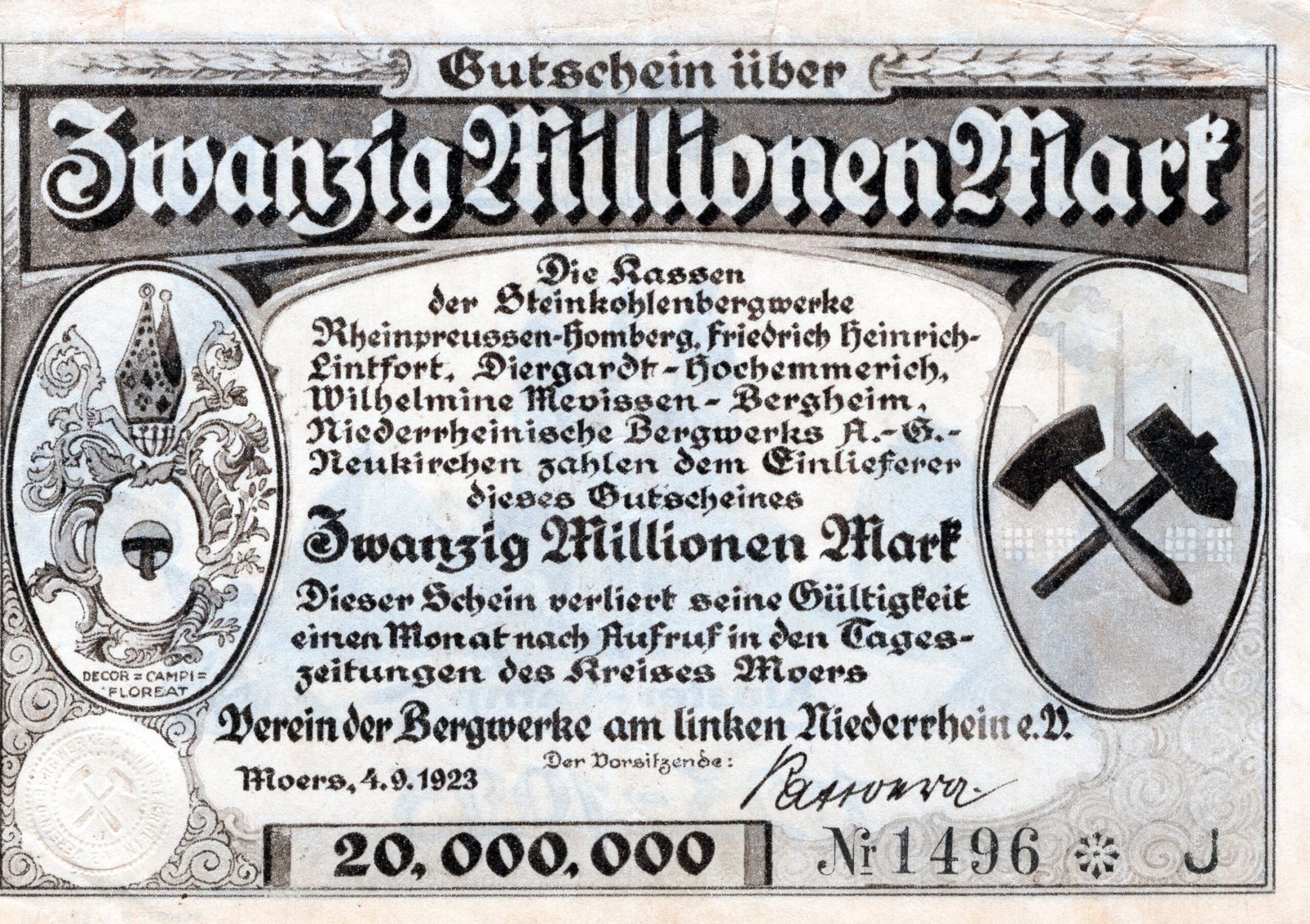 Аверс банкноты 20000000 марок Verein der Bergwerke am Linken Niederrhein (Германия) 1923 года