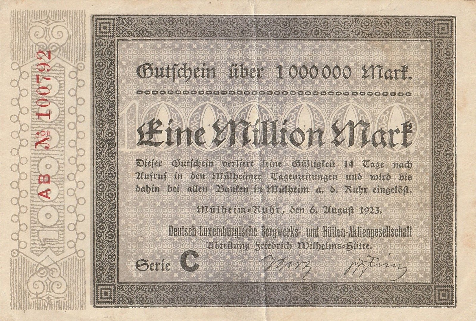 Аверс банкноты 1000000 марок Deutsch-Luxemburgische Bergwerks- und Hütten-AG (Германия) 1923 года