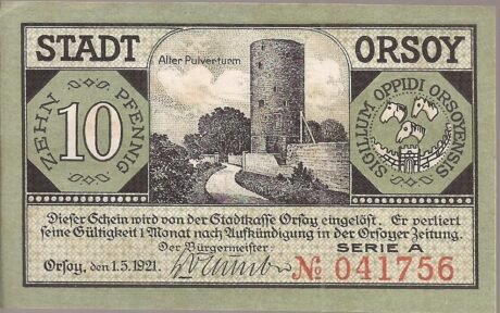 Аверс банкноты 10 fenigów (Niemcy) 1921