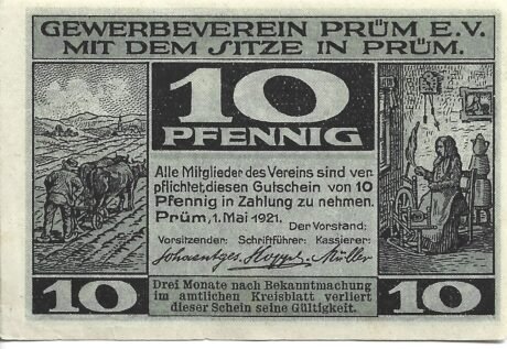 Аверс банкноты 10 fenigów Gewerbeverein (Niemcy) 1921
