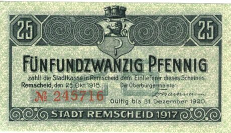 Аверс банкноты 25 fenigów (Niemcy) 1918
