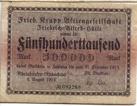 Аверс банкноты 500000 smażonych. Sygnatury Kruppa – Friedrich-Alfred-Hütte (Niemcy) 1923