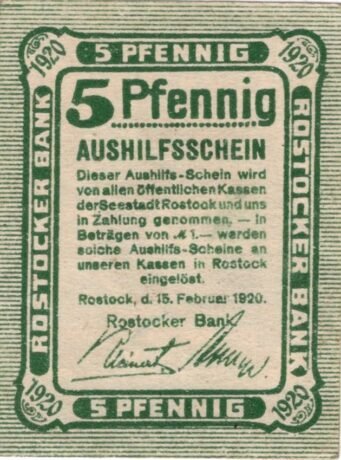 Аверс банкноты 5 fenigów Rostocker Bank (Niemcy) 1920