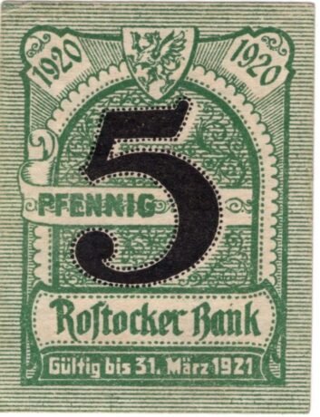 Реверс банкноты 5 fenigów Rostocker Bank (Niemcy) 1920