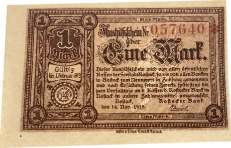 Аверс банкноты 1 марка Rostocker Bank (Германия) 1918 года
