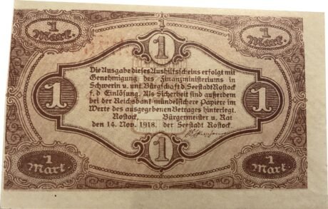 Реверс банкноты 1 марка Rostocker Bank (Германия) 1918 года