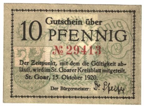 Аверс банкноты 10 fenigów (Niemcy) 1920