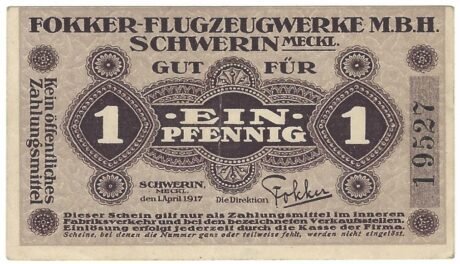Аверс банкноты 1 пфеннигов Fokker-Flugzeugwerke (Германия) 1917 года