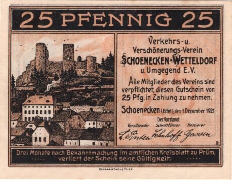 Аверс банкноты 25 fenigów Verkehrs- und Verschönerungs-Verein Schoenecken-Wetteldorf und Umgegend (Niemcy) 1921