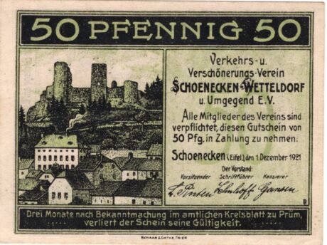 Аверс банкноты 50 fenigów Verkehrs- und Verschönerungs-Verein Schoenecken-Wetteldorf und Umgegend (Niemcy) 1921