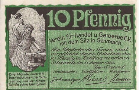 Аверс банкноты 10 fenigów Verein für Handel und Gewerbe (Niemcy) 1920