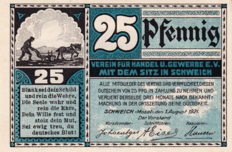 Аверс банкноты 25 fenigów Verein für Handel und Gewerbe (Niemcy) 1921