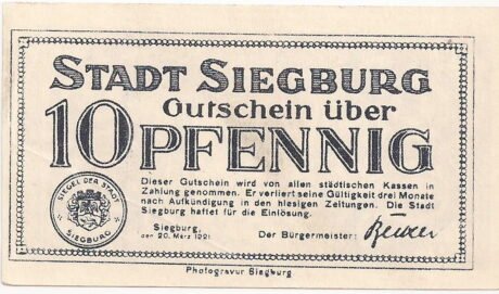 Аверс банкноты 10 fenigów (Niemcy) 1921