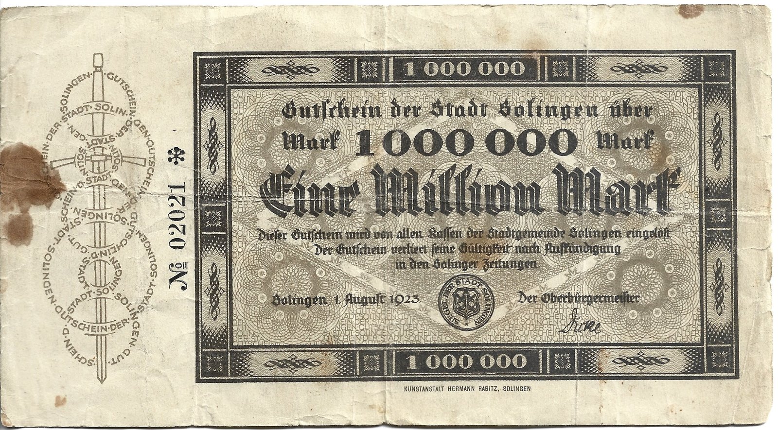 Аверс банкноты 1000000 марок (Германия) 1923 года