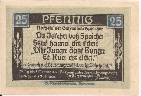 Аверс банкноты 25 fenigów (Niemcy) 1921