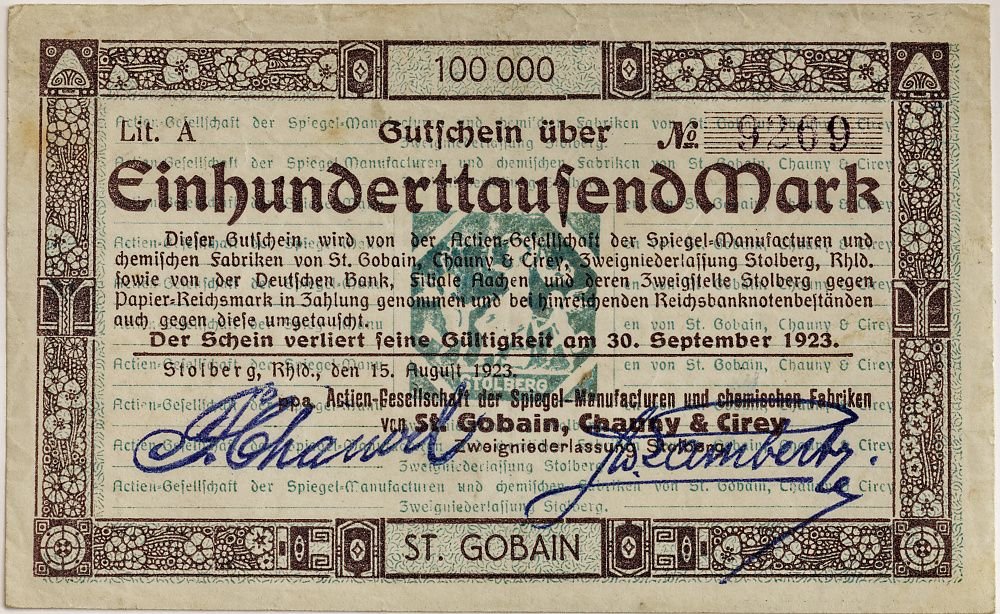 Аверс банкноты 100000 марок Saint Gobain (Германия) 1923 года