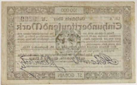 Реверс банкноты 100 000 marek Saint-Gobain (Niemcy) 1923