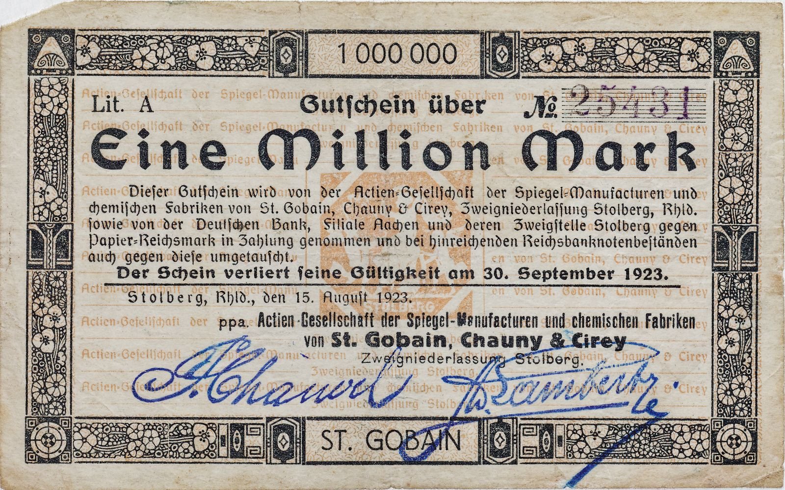 Аверс банкноты 1000000 марок Saint Gobain (Германия) 1923 года