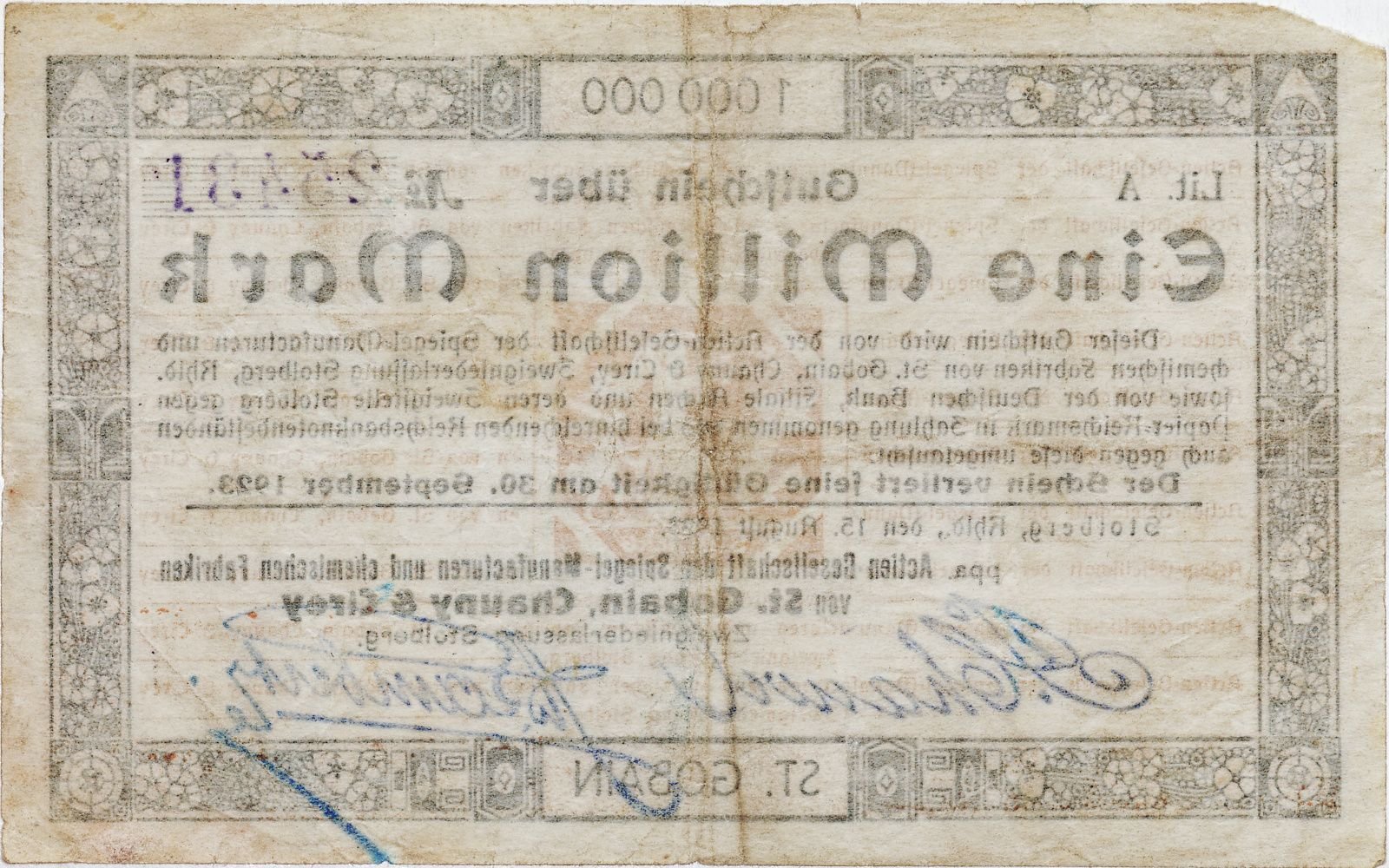 Реверс банкноты 1000000 марок Saint Gobain (Германия) 1923 года