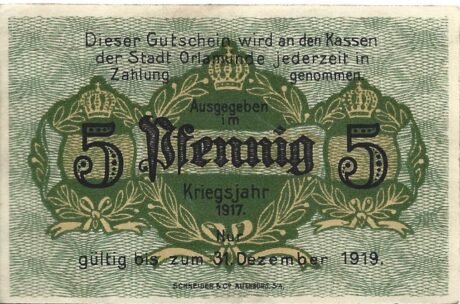 Реверс банкноты 5 fenigów (Niemcy) 1917