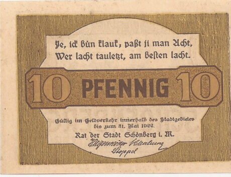 Аверс банкноты 10 fenigów (Niemcy) 1922