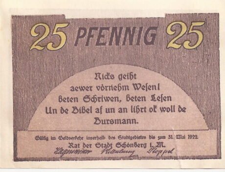 Аверс банкноты 25 fenigów (Niemcy) 1922