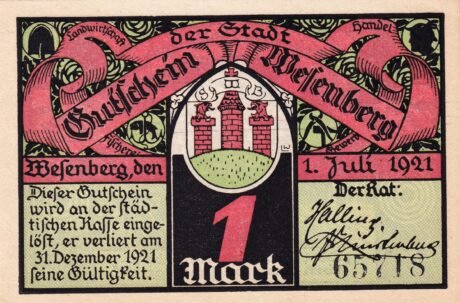 Аверс банкноты 1 марка (Германия) 1921 года