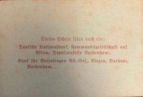 Реверс банкноты 50 fenigów Einswarden; Frerichswerft (Niemcy) 1918