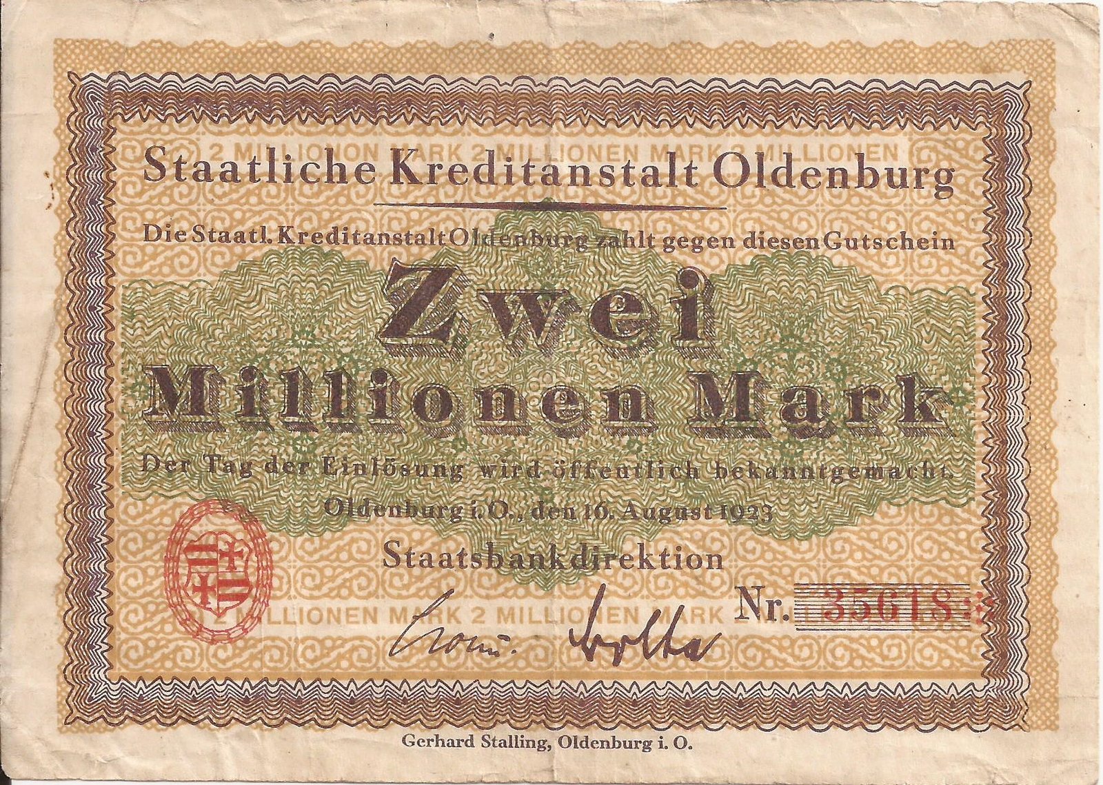 Аверс банкноты 2000000 марок Staatliche Kreditanstalt (Германия) 1923 года